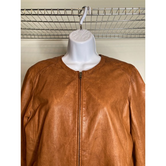 EILEEN FISHER Womens Tan Leather Jacket Sz S Zipper Collarless Timeless‎ Classic - Picture 8 of 12